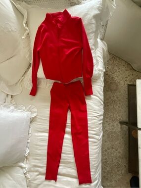 Red Two-Piece Zip Up Top and Leggings Set